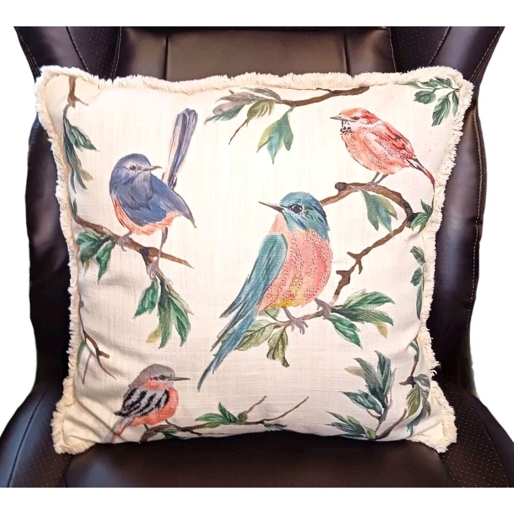 Decorative Lumbar Accent Throw Pillow Bird Print Botanical Embroidered Fringed
